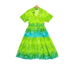 Vintage Phool‎ Midi Dress Tiered Belted Ruffles Green Swing Vibrant Size 12P